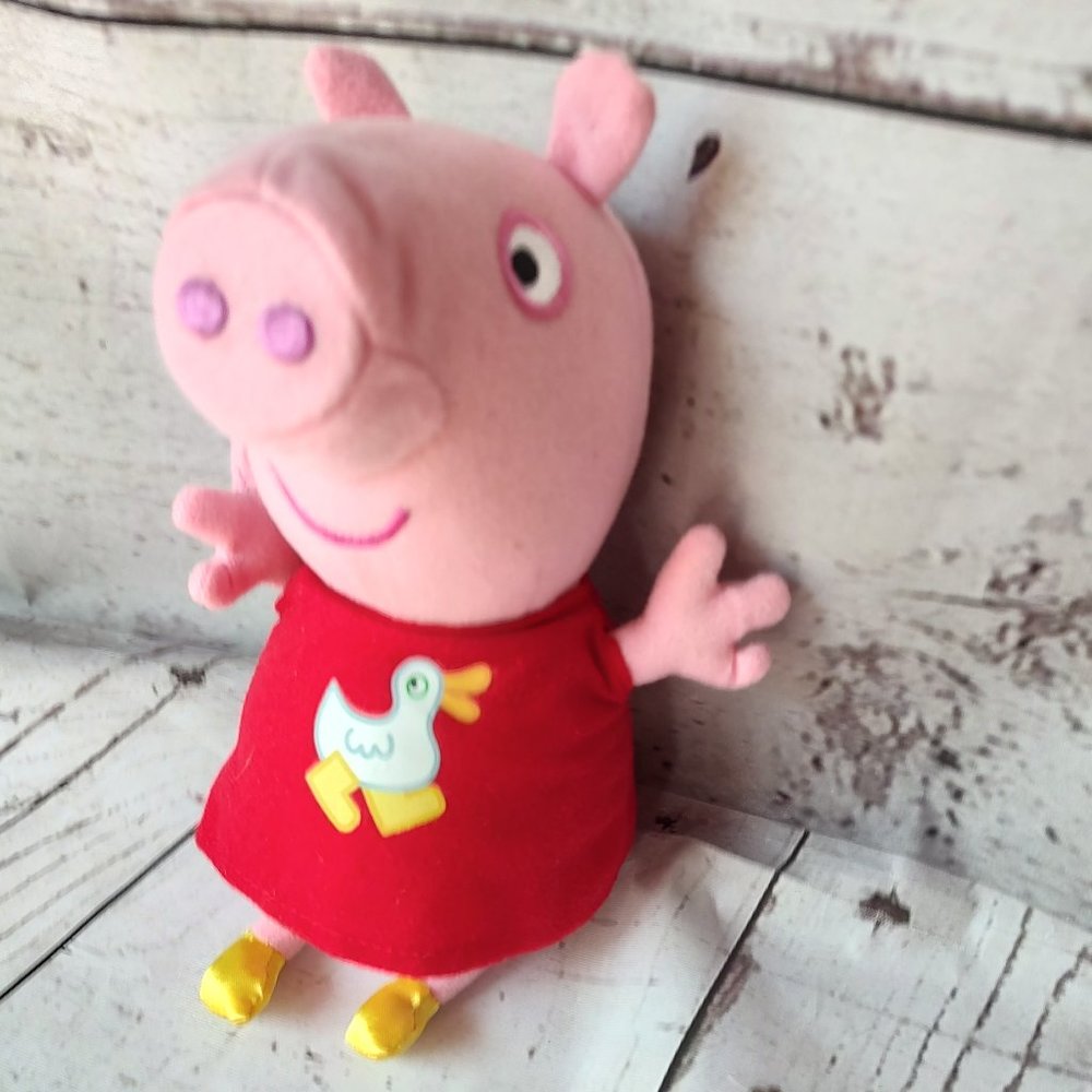 8" pink pig plush character red shirt with white duck